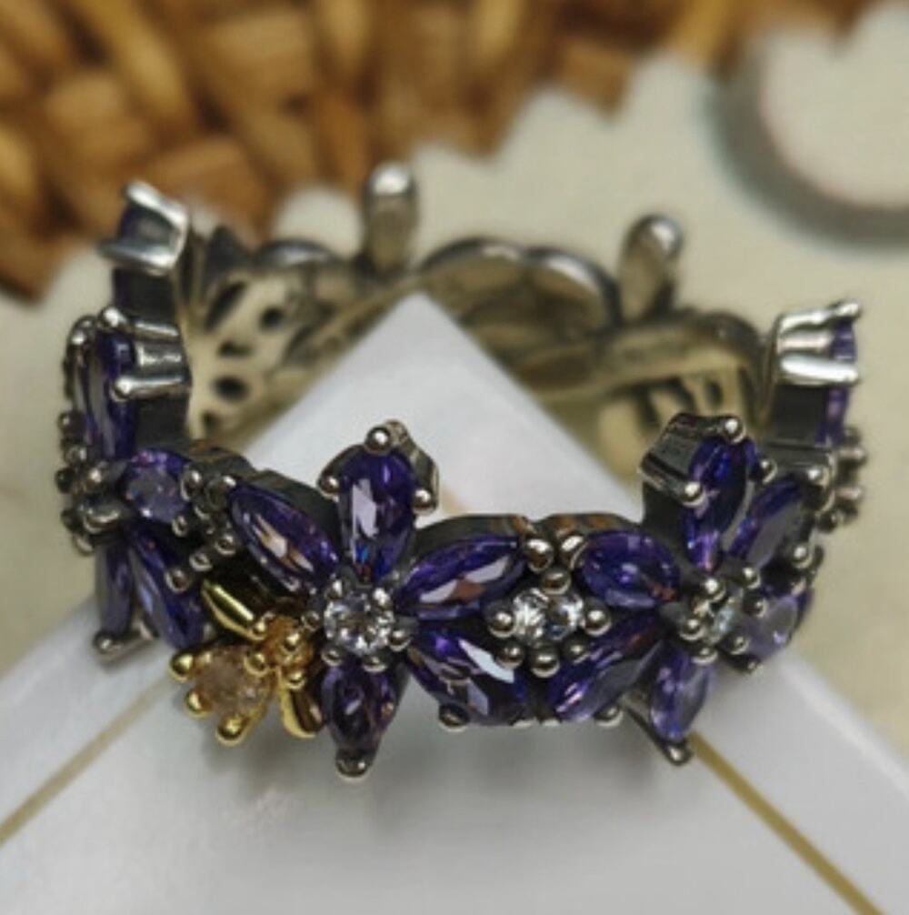 Pandora Bridgerton Herbarium & Bee RING sz 54 US 7 Purple Stone Gold Silver S925